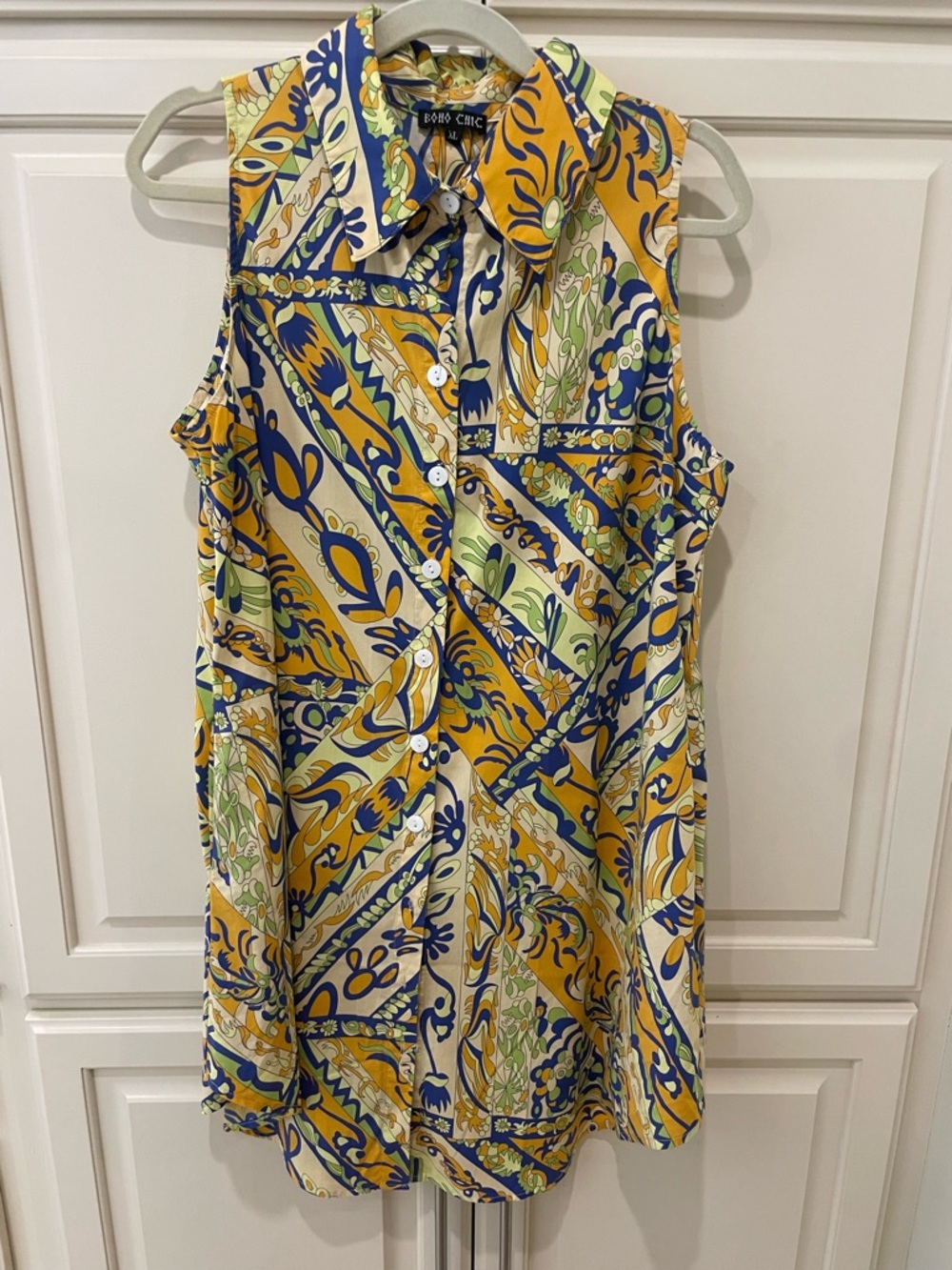 Sleeveless Button-Front Printed Dress - Yellow & Blue